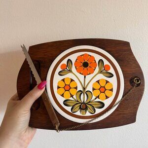 Vintage MCM 1970s Wood Serving Board with Ceramic Tile and Knife